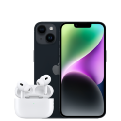 iPhone 14 dengan Tampilan Depan Hitam AirPods Pro 1