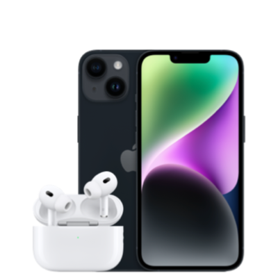 iPhone 14 dengan Tampilan Depan Hitam AirPods Pro 1